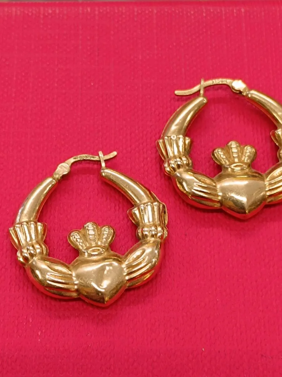 9k Yellow Gold Vintage Claddagh Hoops Earrings - Image 3