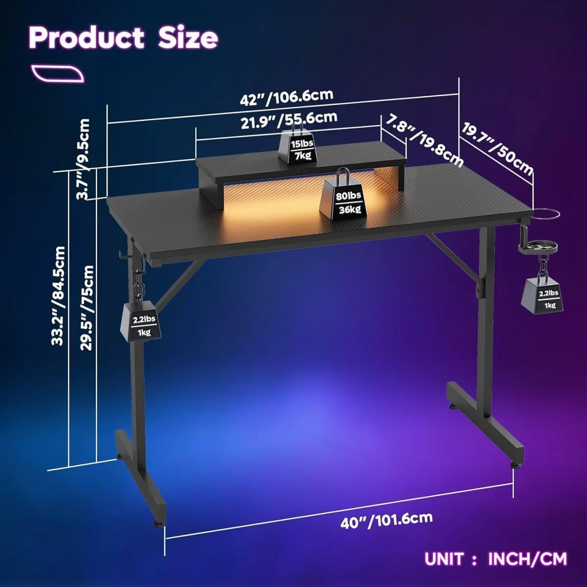 Small Gaming Desk 106.6 CM LED Computer with - Image 3