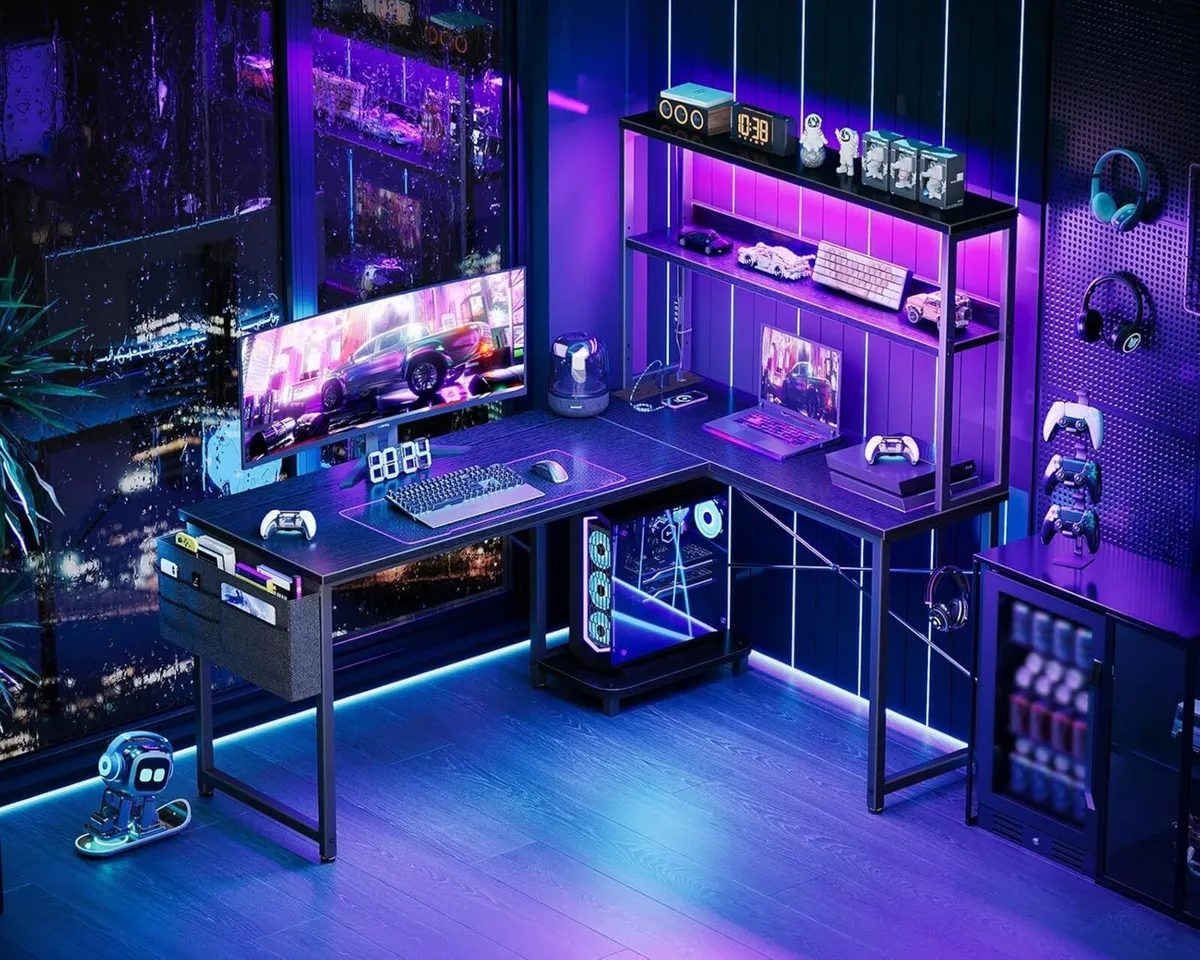L Shaped Gaming Desk with LED Lights Power Outlet - Image 2