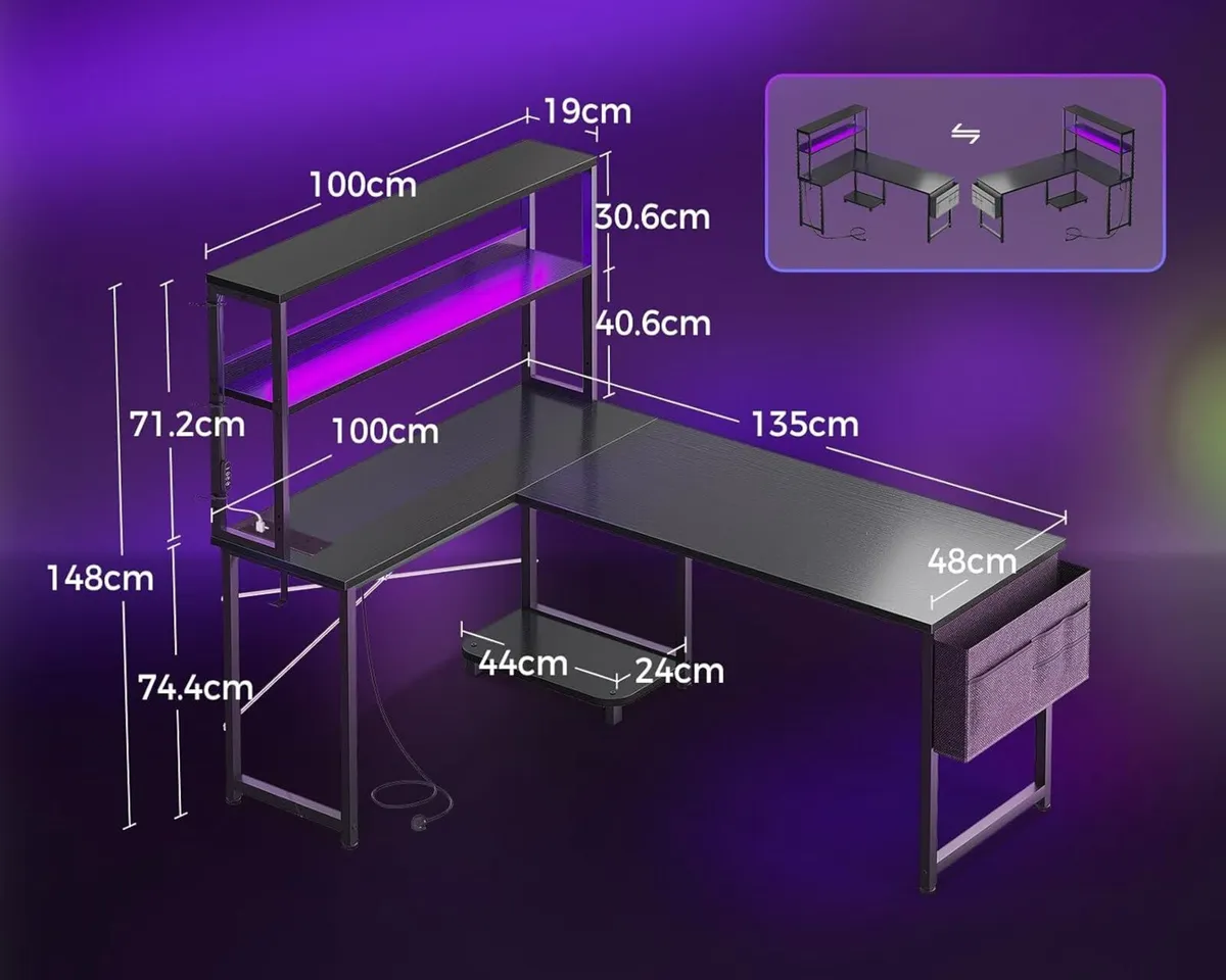 L Shaped Gaming Desk with LED Lights Power Outlet - Image 3