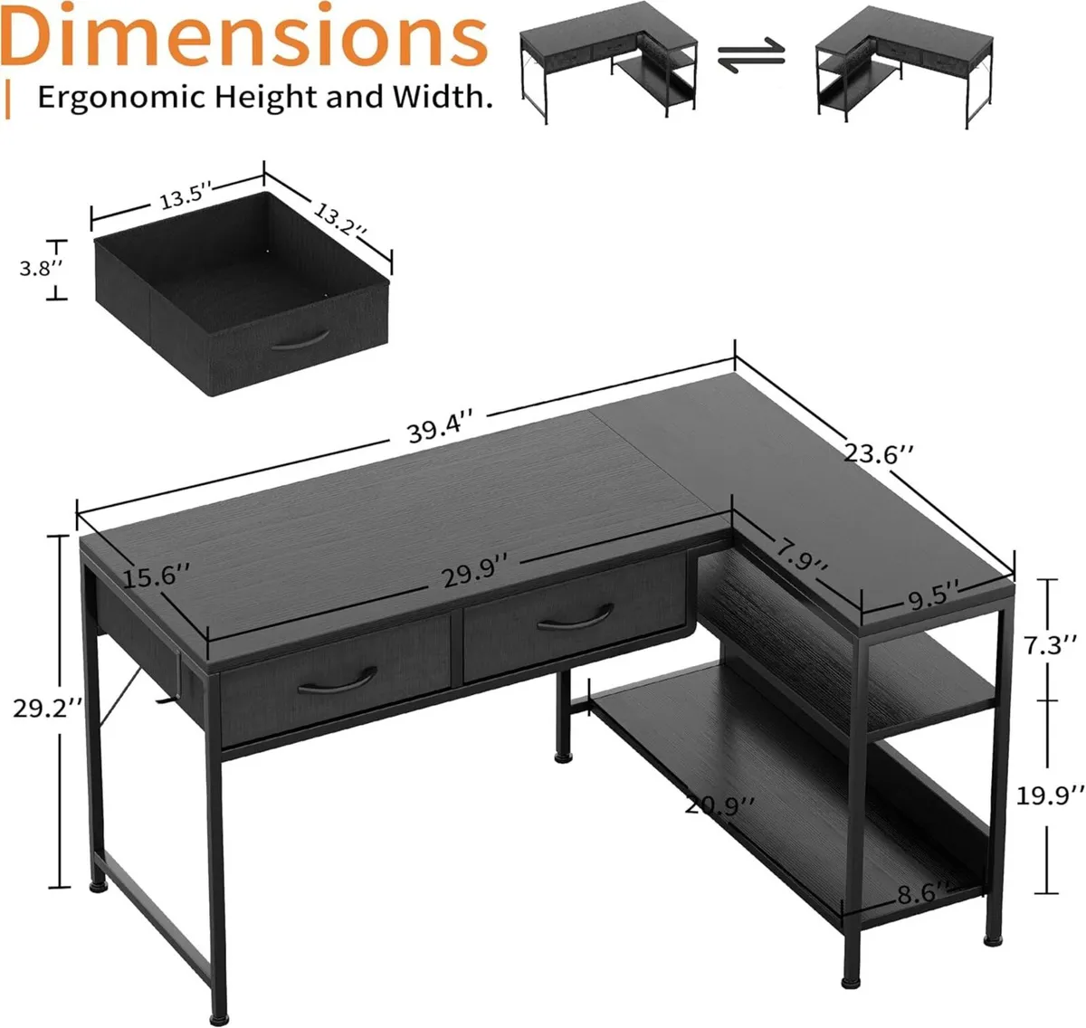 L Shaped Computer Desk with 2 Drawers 100CM - Image 3