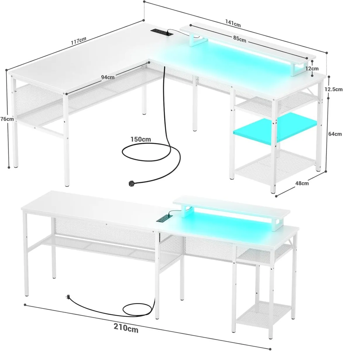 L Shaped Gaming desk 141x117x76cm Computer with - Image 3