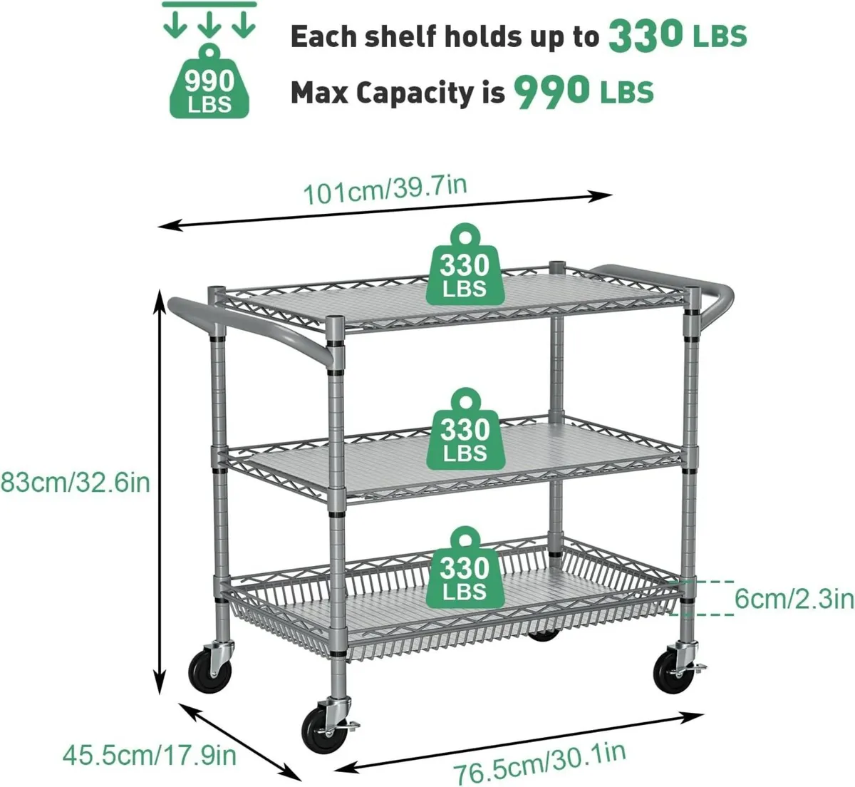 3-Shelf Heavy Duty Utility Cart 76.5 x 45.5 83cm - Image 3