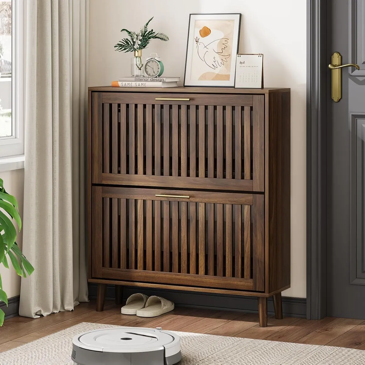 Shoe Cabinet Storage with Louvered 2 Flip Drawers - Image 1