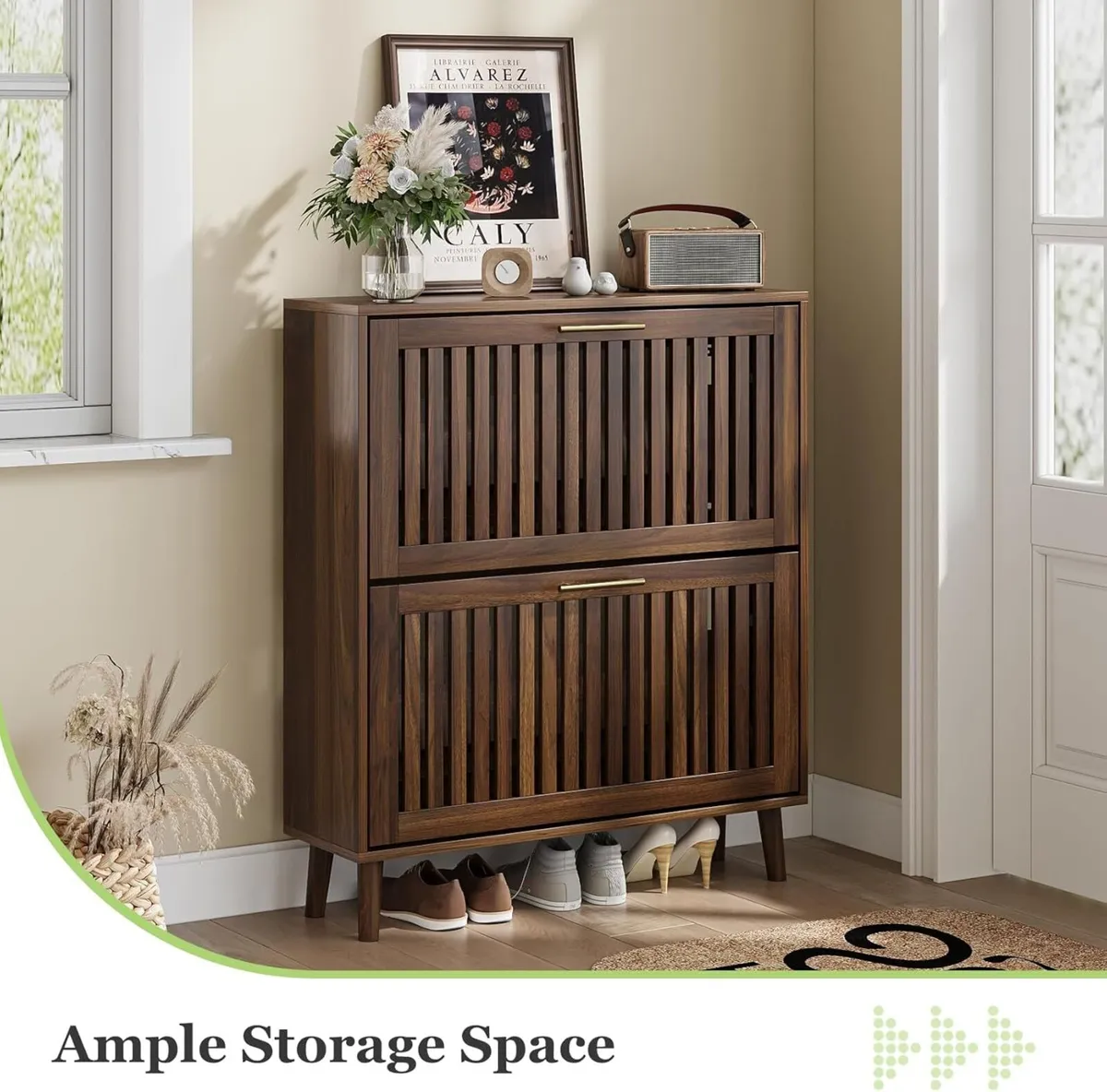 Shoe Cabinet Storage with Louvered 2 Flip Drawers - Image 3