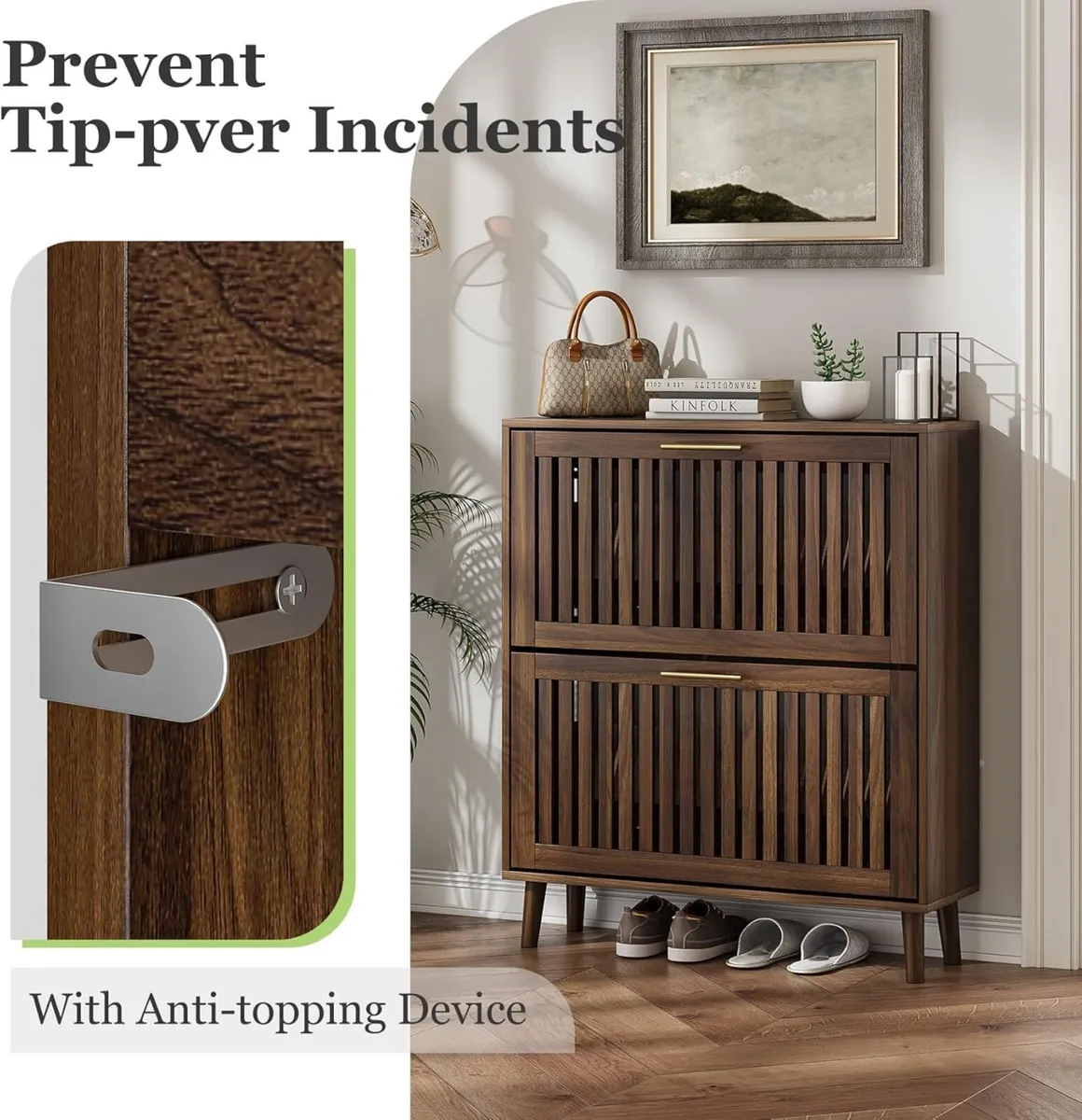 Shoe Cabinet Storage with Louvered 2 Flip Drawers - Image 4