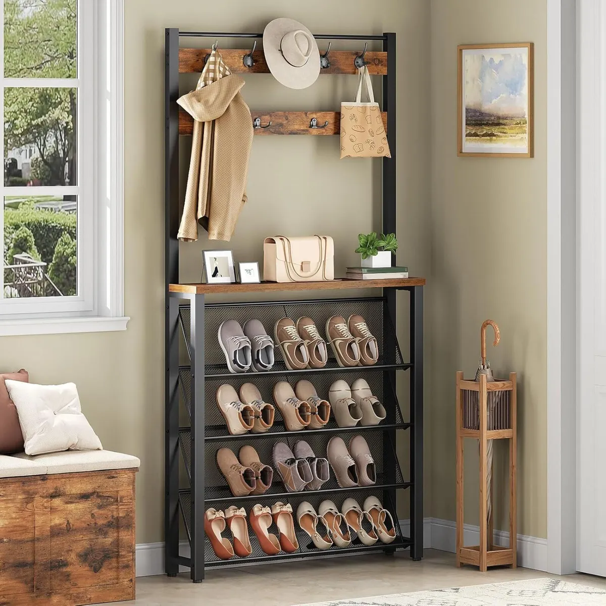 Coat Rack with Shoe Storage Narrow and 9 Hooks 5 - Image 1