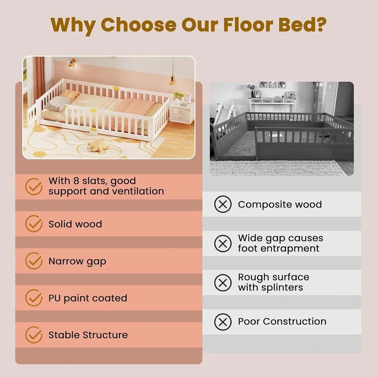 190 x 90 cm Toddler Floor Bed Montessori with - Image 3