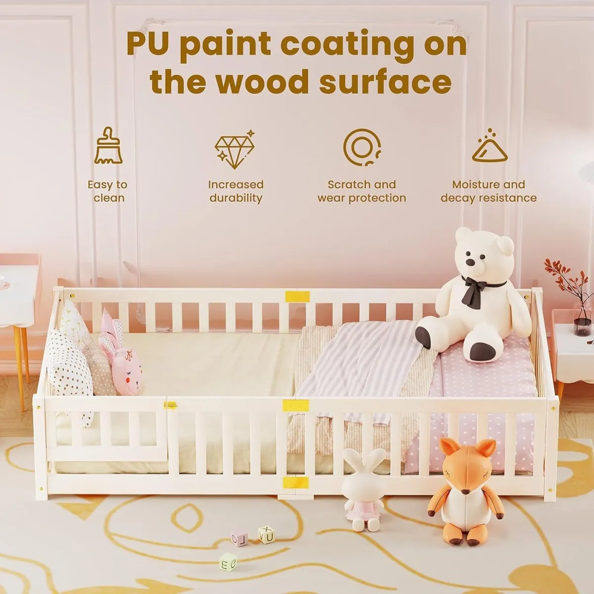 190 x 90 cm Toddler Floor Bed Montessori with - Image 4