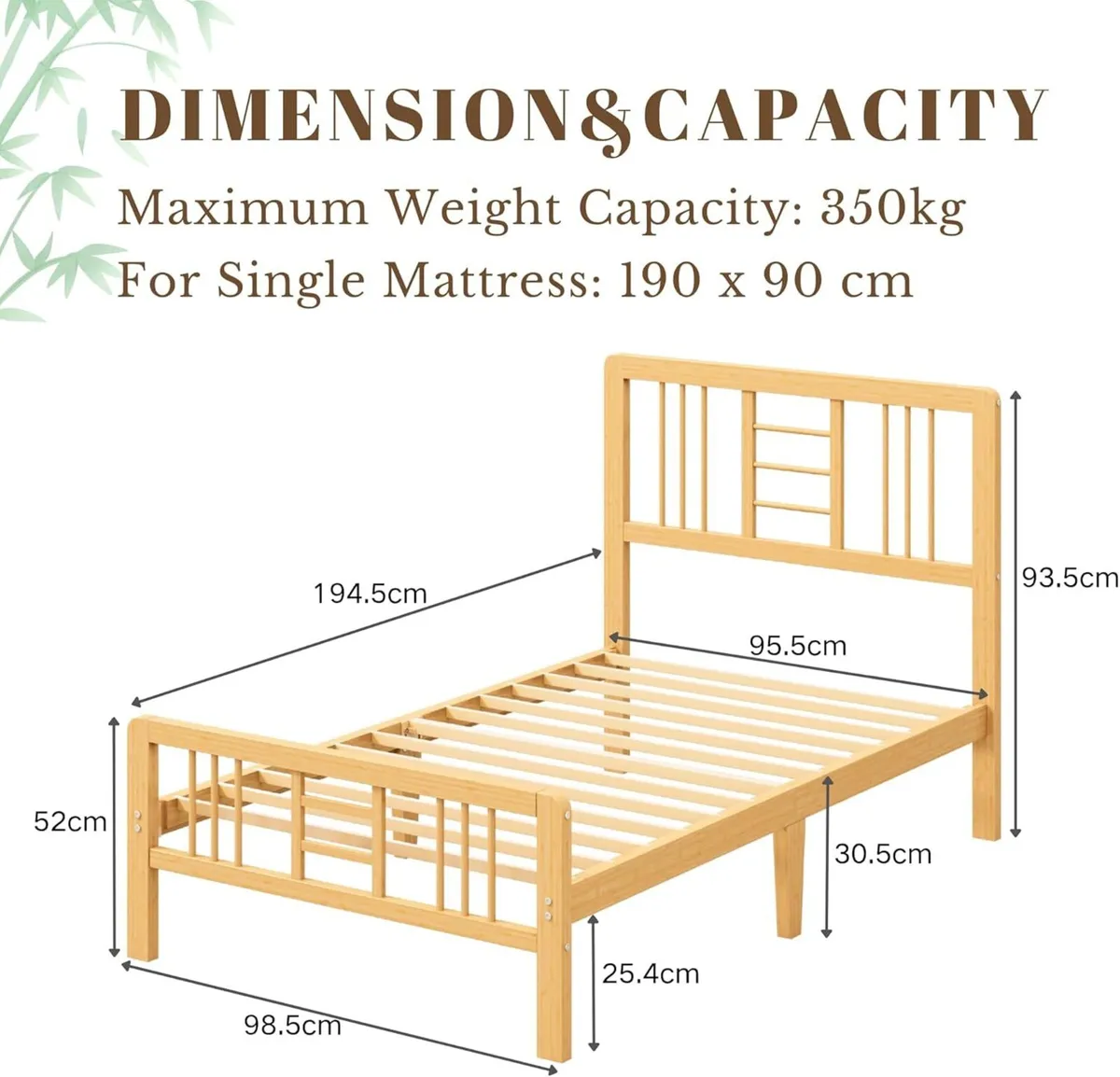 Wooden Single Bed Frame with Headboard - Bamboo - Image 2