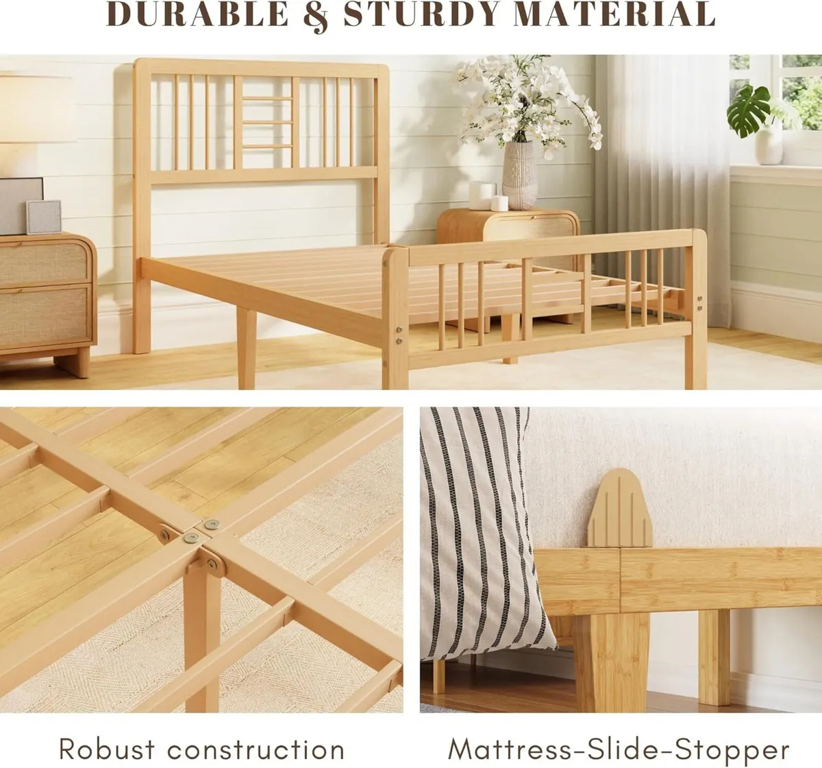 Wooden Single Bed Frame with Headboard - Bamboo - Image 4