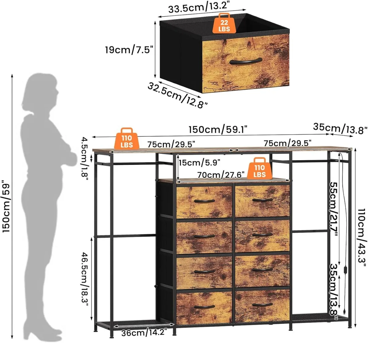 8-Drawer Dresser for Bedroom with Hanging Rack - Image 2