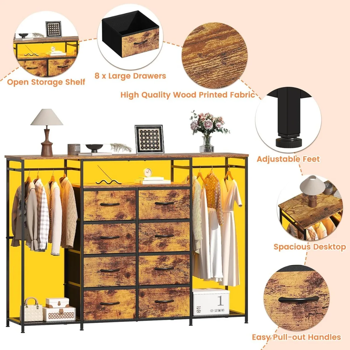 8-Drawer Dresser for Bedroom with Hanging Rack - Image 4