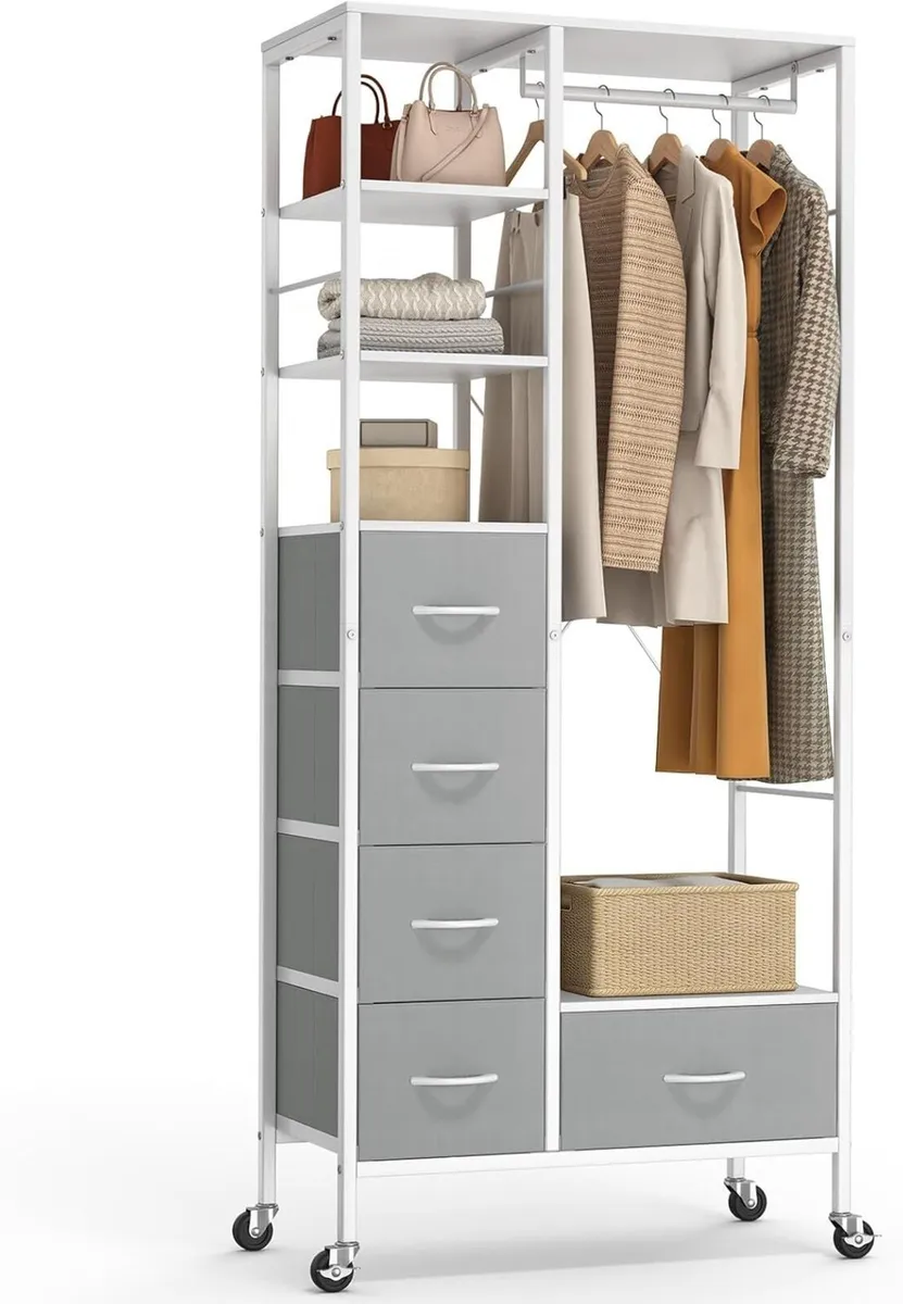 All-in-One Rolling Coat Rack with 5 Drawers - Image 1