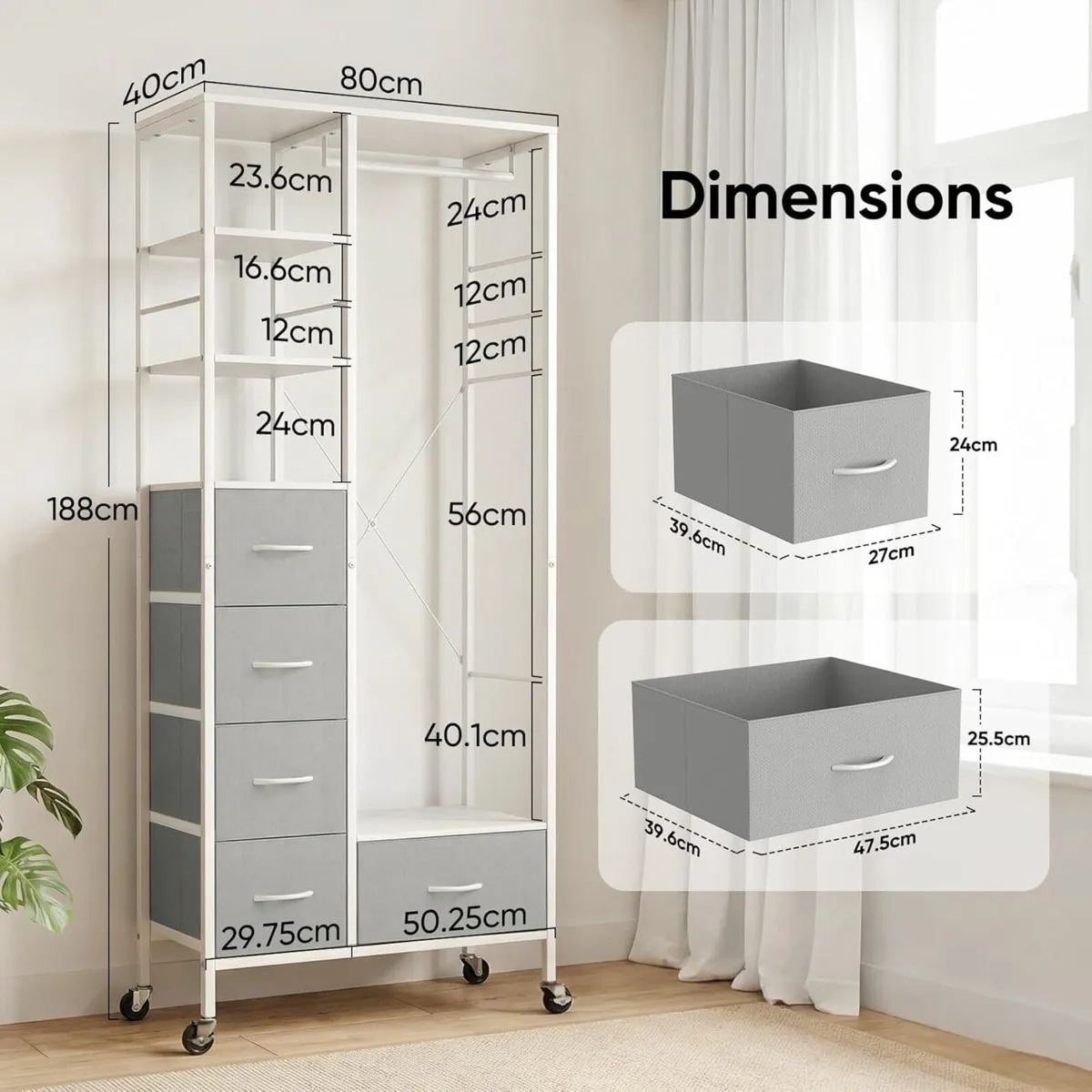 All-in-One Rolling Coat Rack with 5 Drawers - Image 3