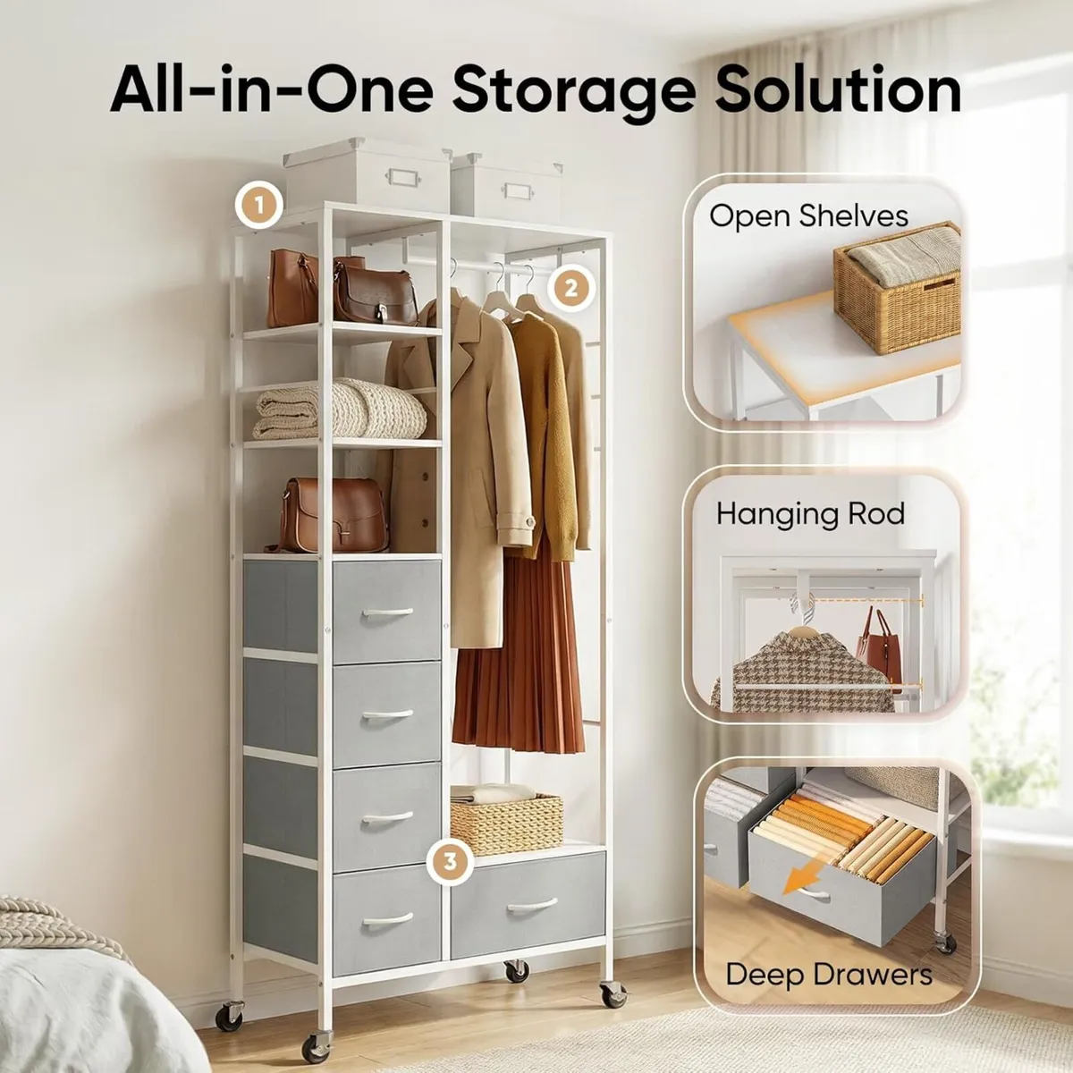 All-in-One Rolling Coat Rack with 5 Drawers - Image 4