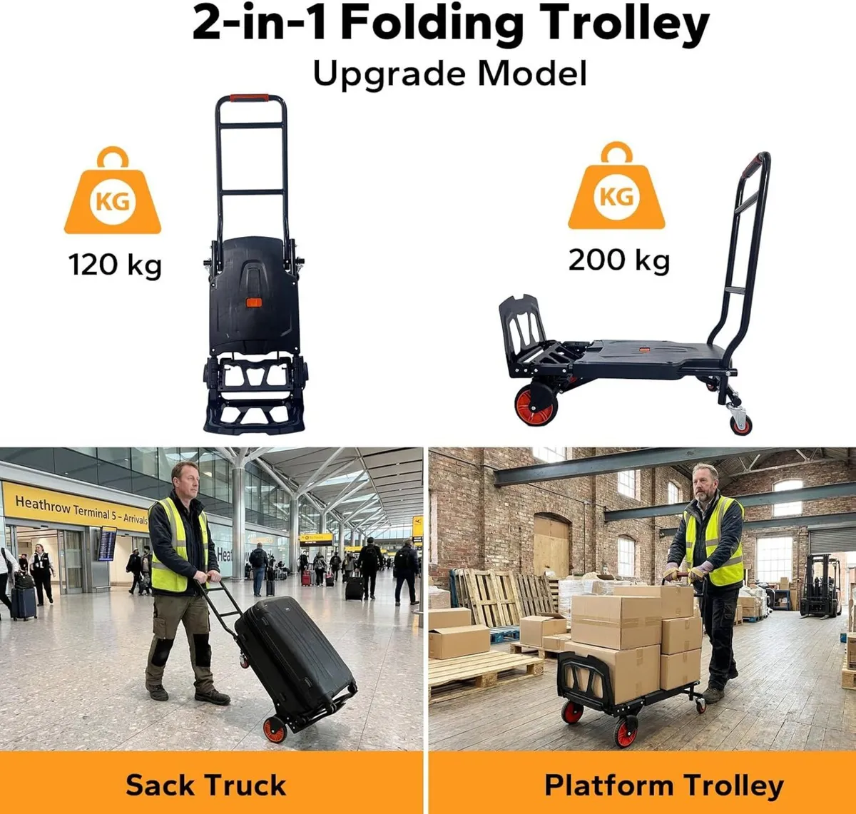 2-in-1 Foldable Trolley on Wheels 200 kg Capacity - Image 4