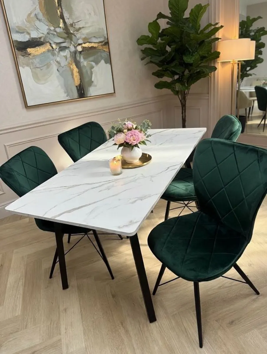 marble look dining table with chairs on special offer - Image 2