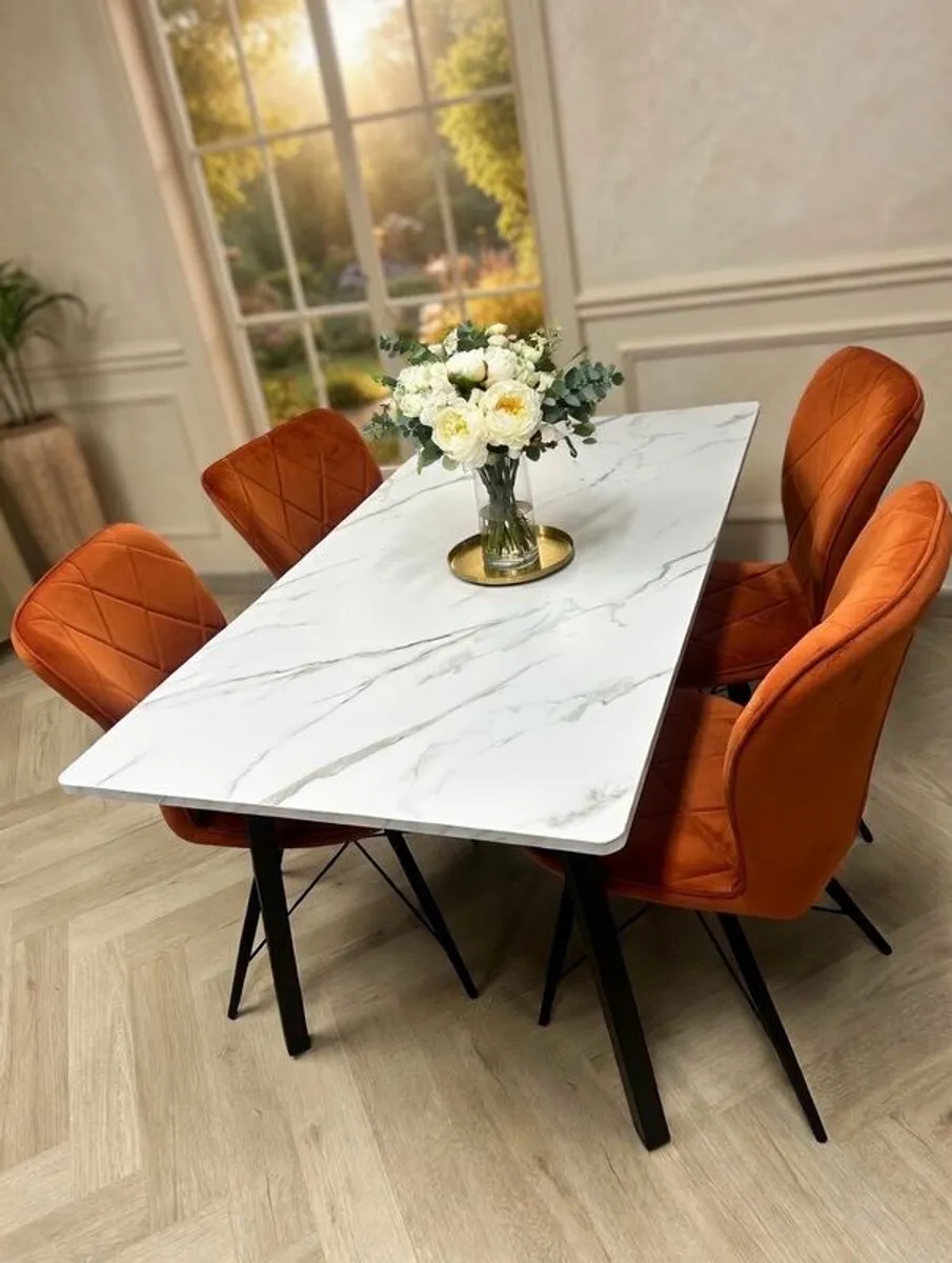 marble look dining table with chairs on special offer - Image 3