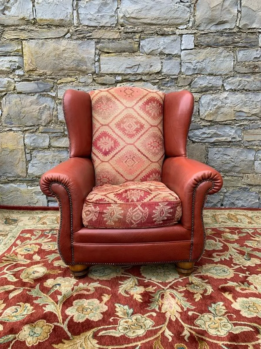 Leather and Kilim Upholstered Wingback Armchair - Image 1