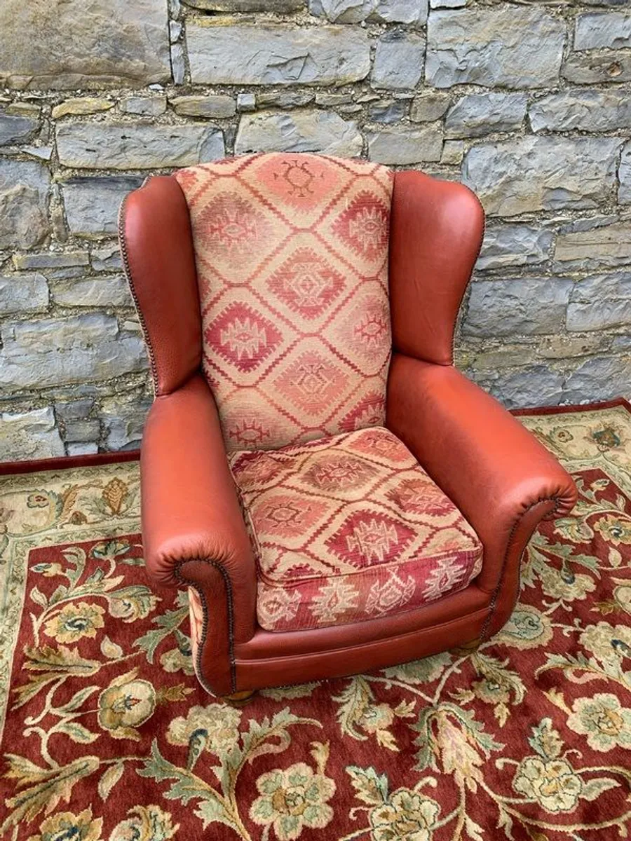 Leather and Kilim Upholstered Wingback Armchair - Image 2