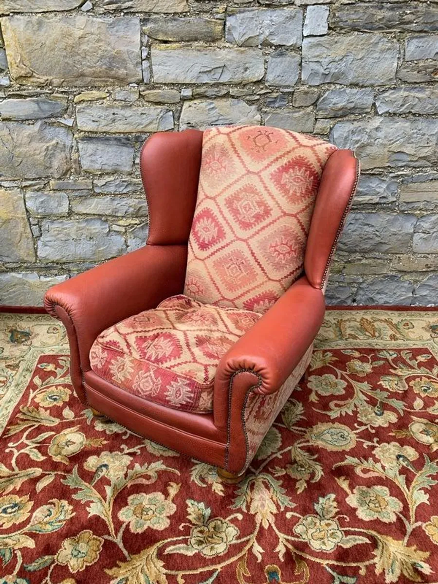 Leather and Kilim Upholstered Wingback Armchair - Image 3