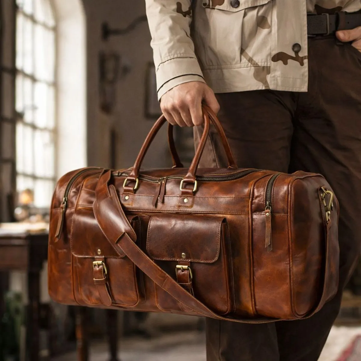 Premium Genuine Leather Travel Duffel Bag - Image 3