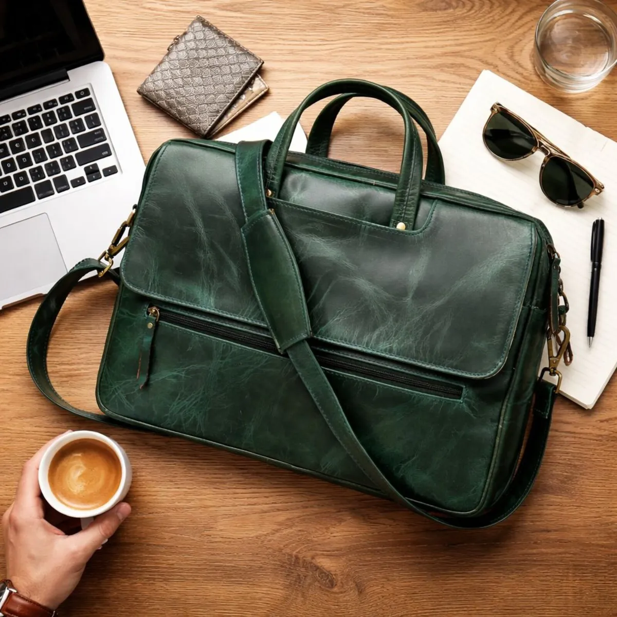 Premium Green Genuine Leather Laptop Bag - Image 2