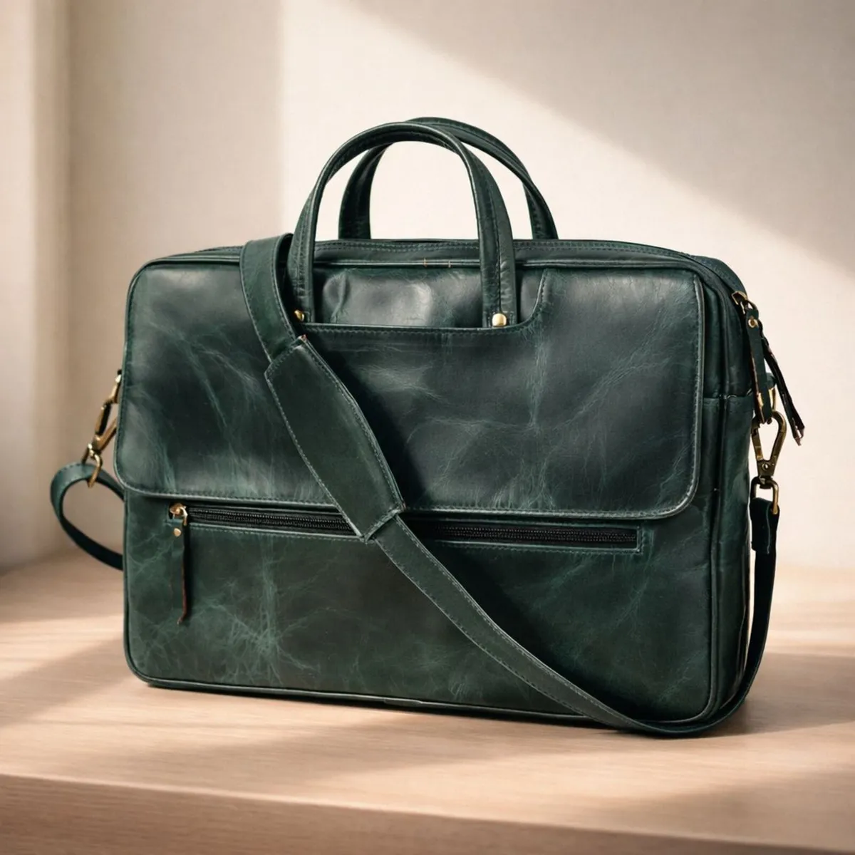 Premium Green Genuine Leather Laptop Bag - Image 1