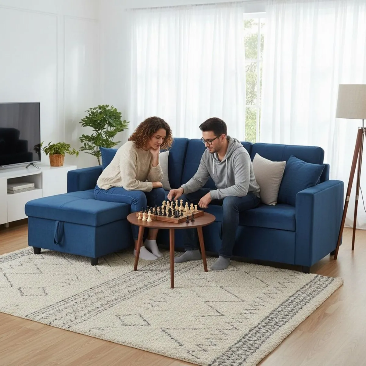 Blue Corner Sofa Bed Storage,215cm - Image 1