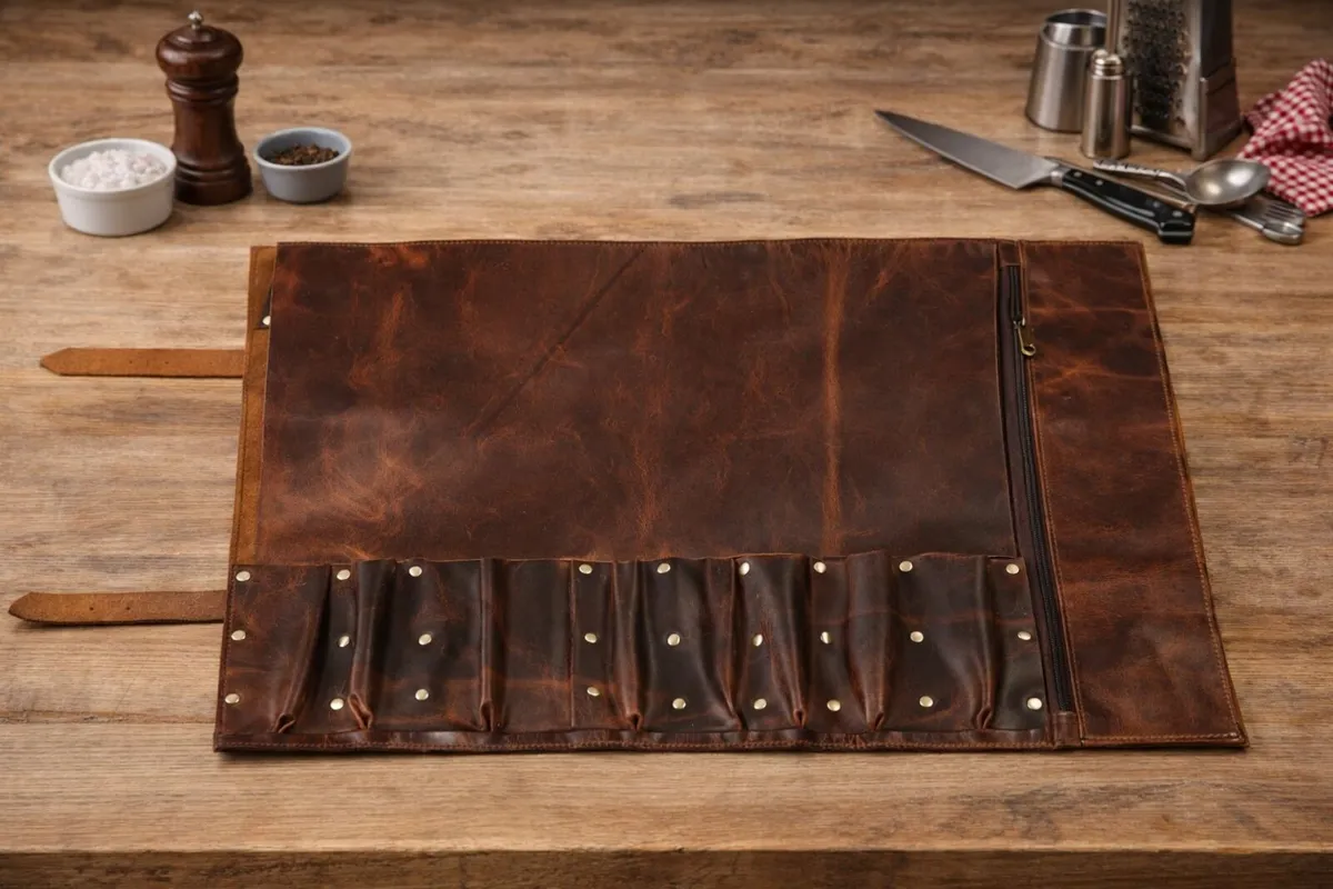 Genuine Leather Tool Roll Bag with Strap - Image 3