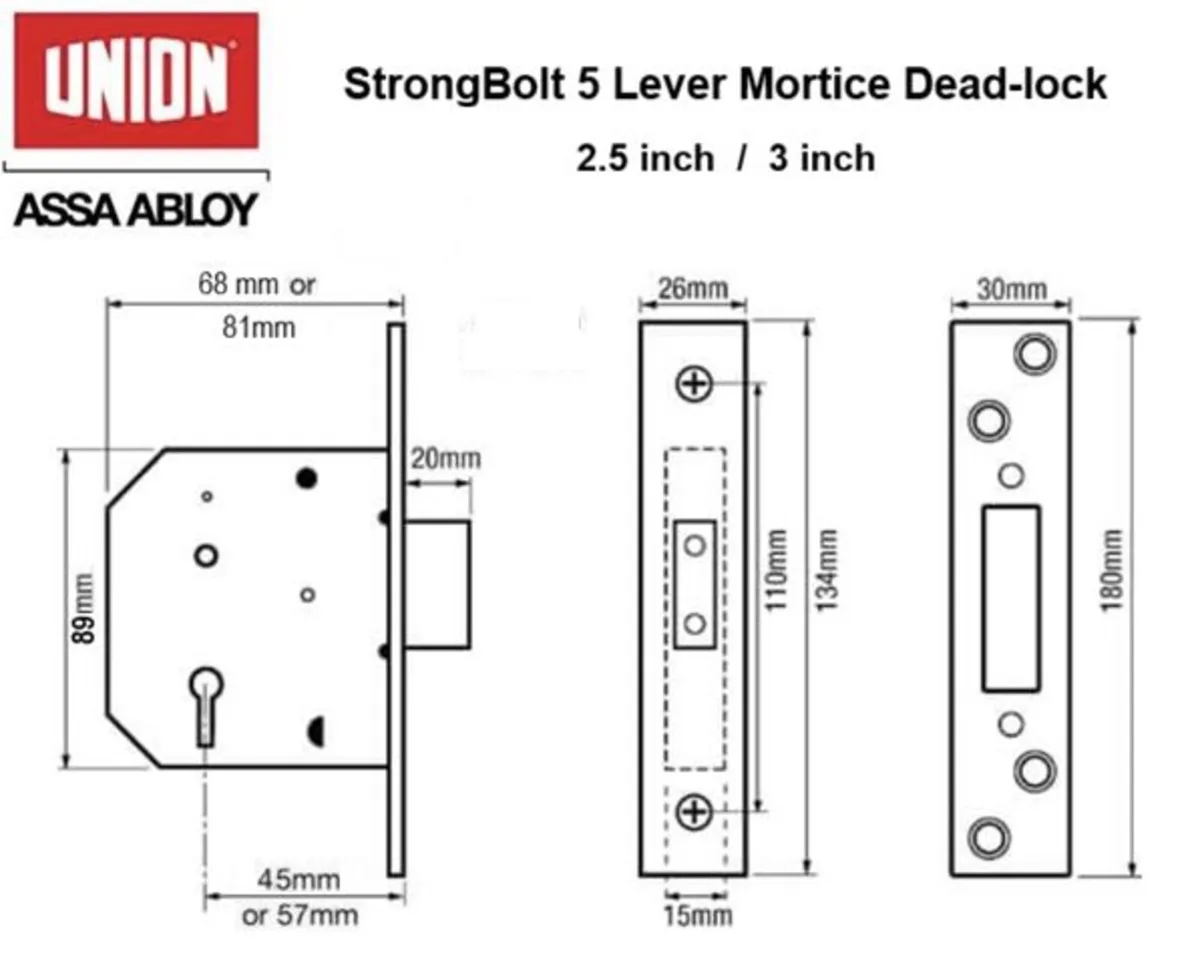 5 Lever Mortice Dead-lock - Brass Finish (NEW) - Image 3