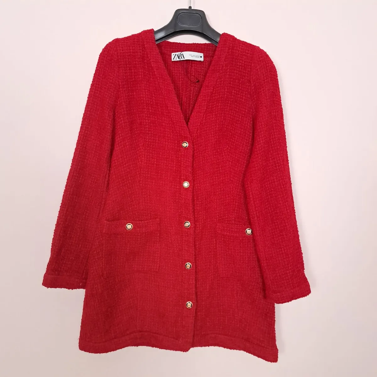 Zara Red Textured Gold Button Knit Dress S - Image 1