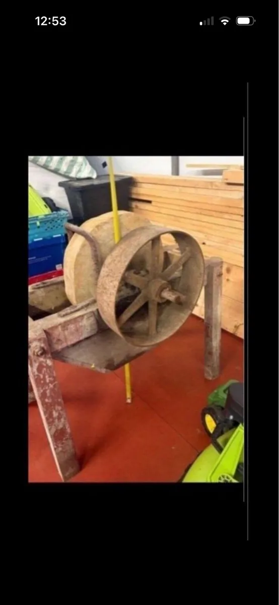 19 century stone wheel with stand and pully belt - Image 1