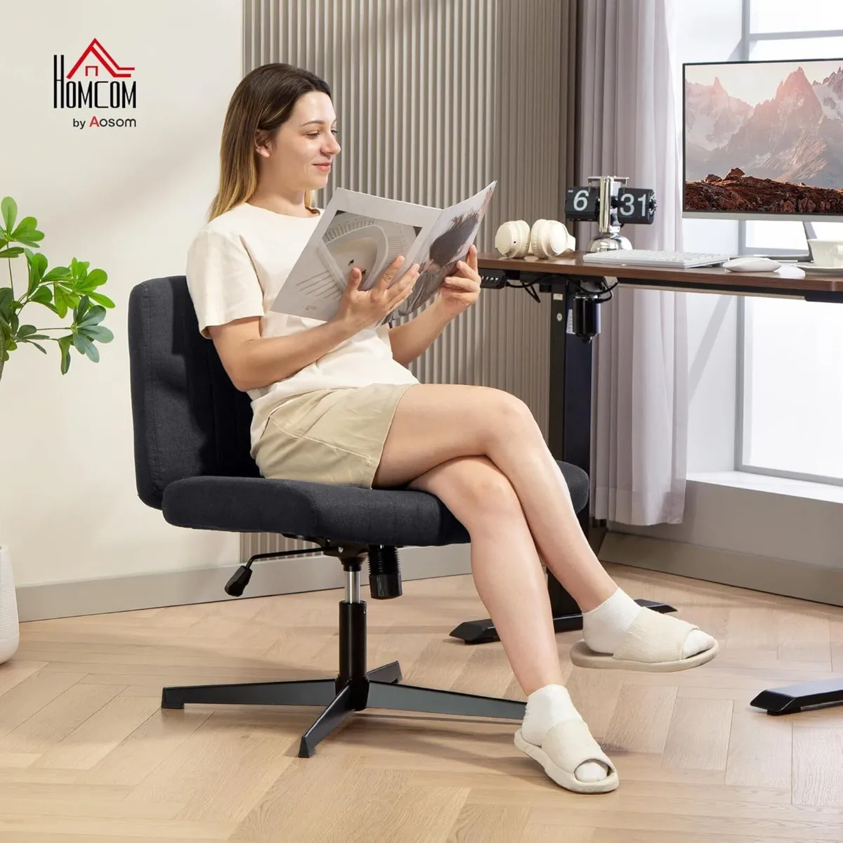 Armless Office Chair No Wheels Linen Fabric Criss - Image 2