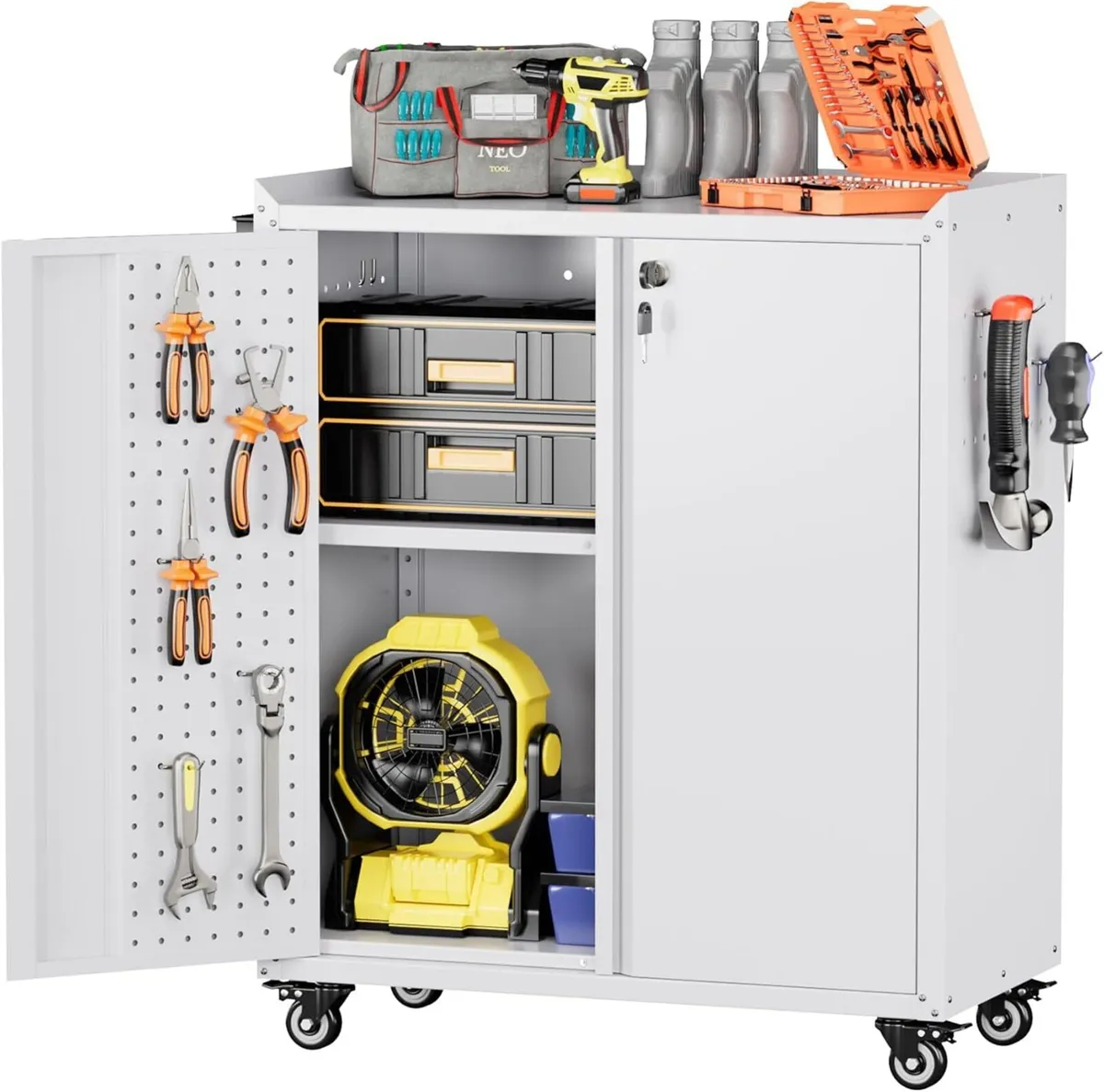 Metal Tool Cabinet with Wheels Pegboard 87x66x35cm - Image 1