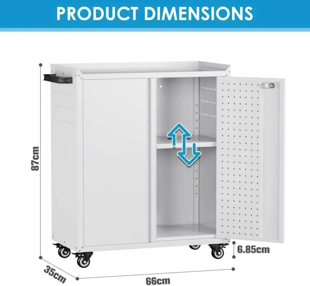 Metal Tool Cabinet with Wheels Pegboard 87x66x35cm - Image 2