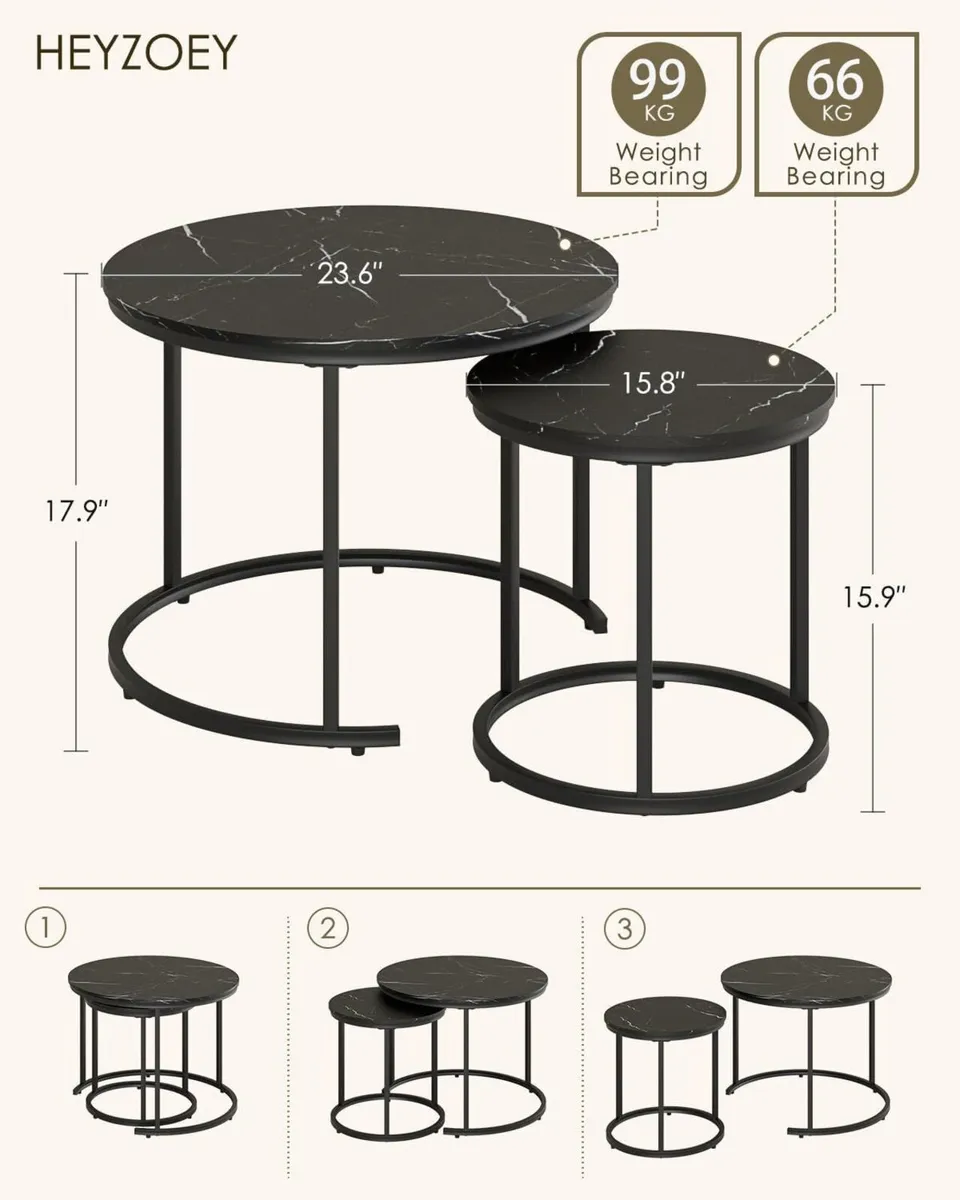 Round Coffee Tables Removable Set of 2 End Table - Image 2