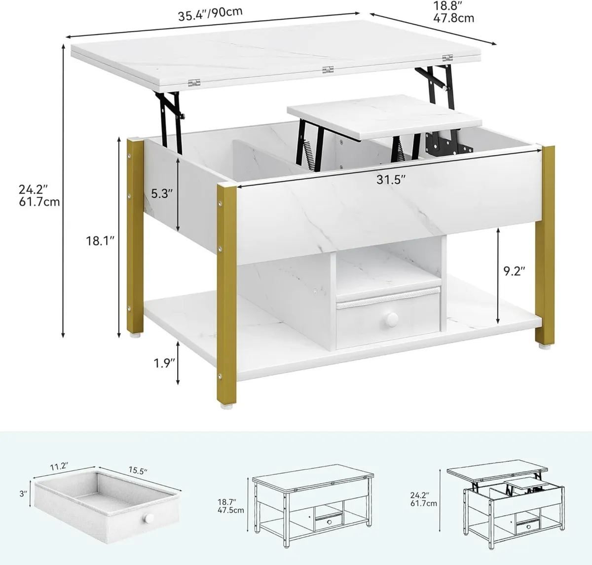 Lift Top Coffee Table with Drawers 4 in 1 - Image 2