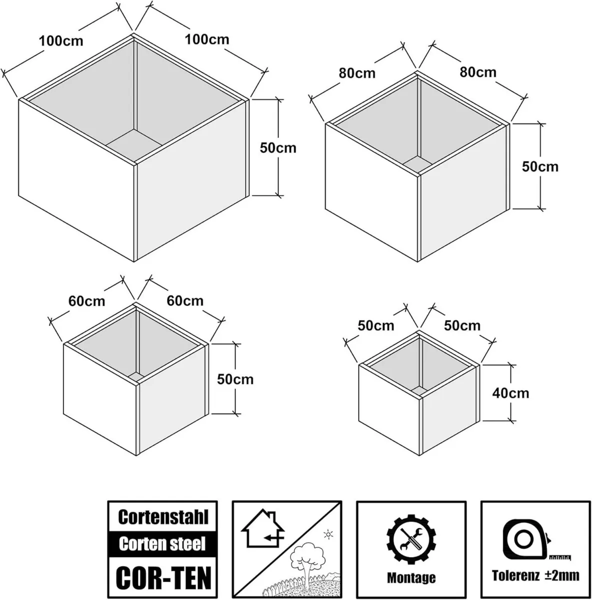 Corten Steel Raised Bed Square Planter 60 x 50 cm - Image 2