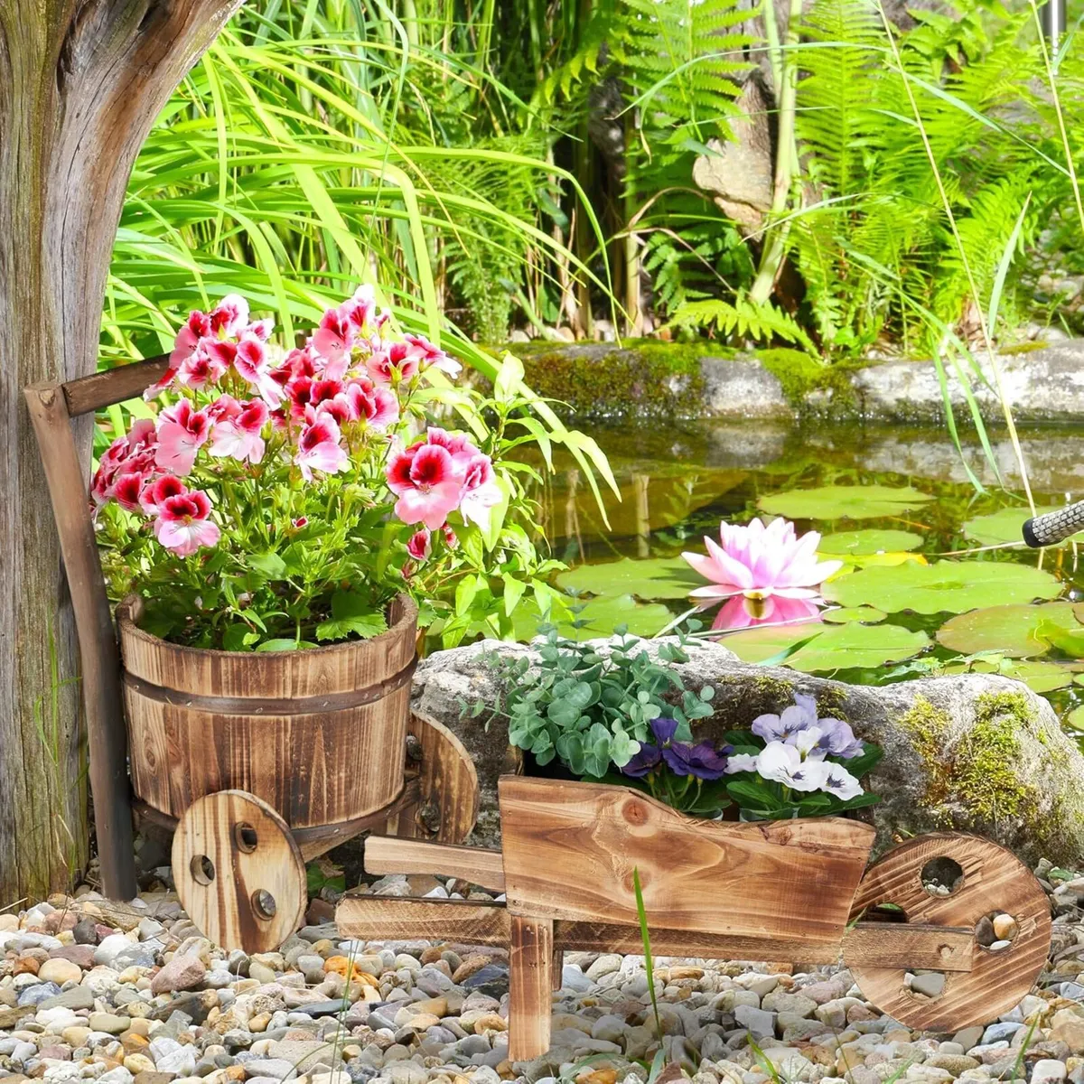 Wheelbarrow Planter Set of 2 Burnt Wood Garden - Image 2