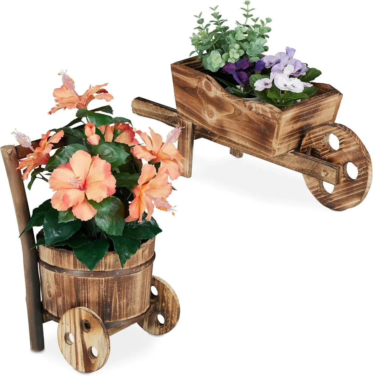 Wheelbarrow Planter Set of 2 Burnt Wood Garden - Image 1
