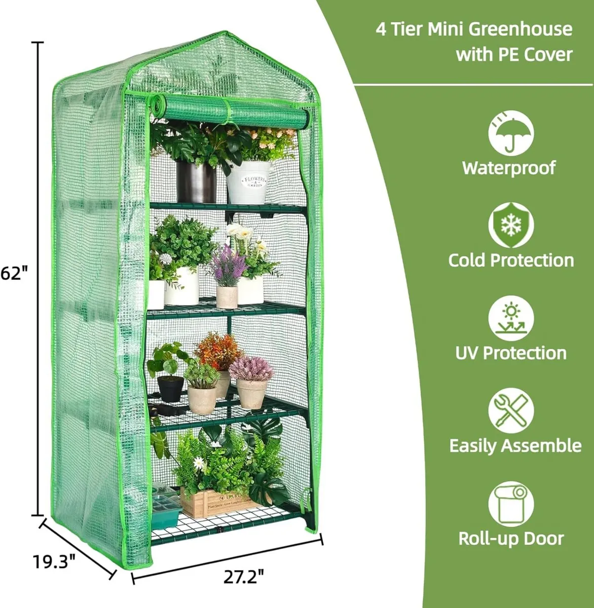 4 Tier Mini Greenhouse - Portable with Green PE - Image 3