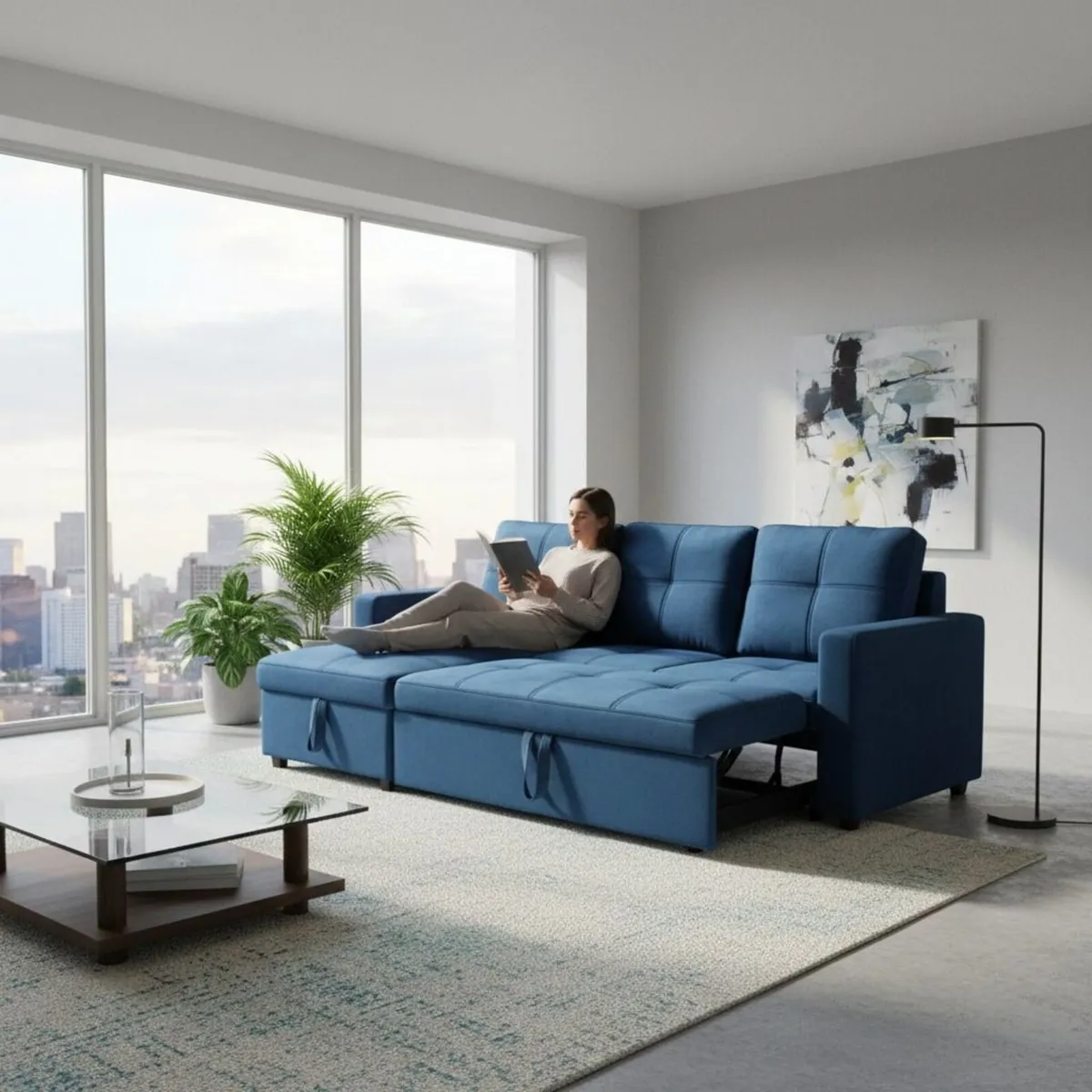 Blue Corner Sofa Bed Storage,215cm - Image 1