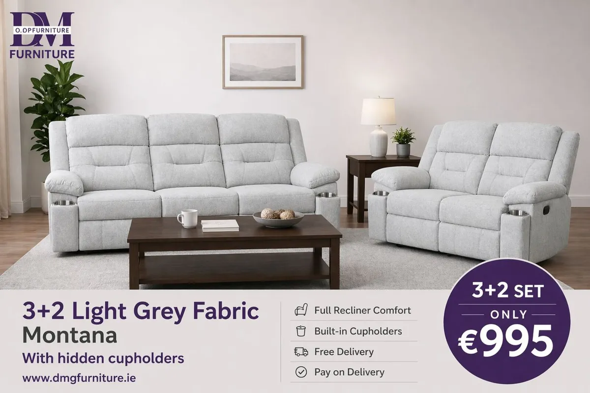 New 3+2 Grey Fabric Recliners Sofas With Cupholder - Image 1