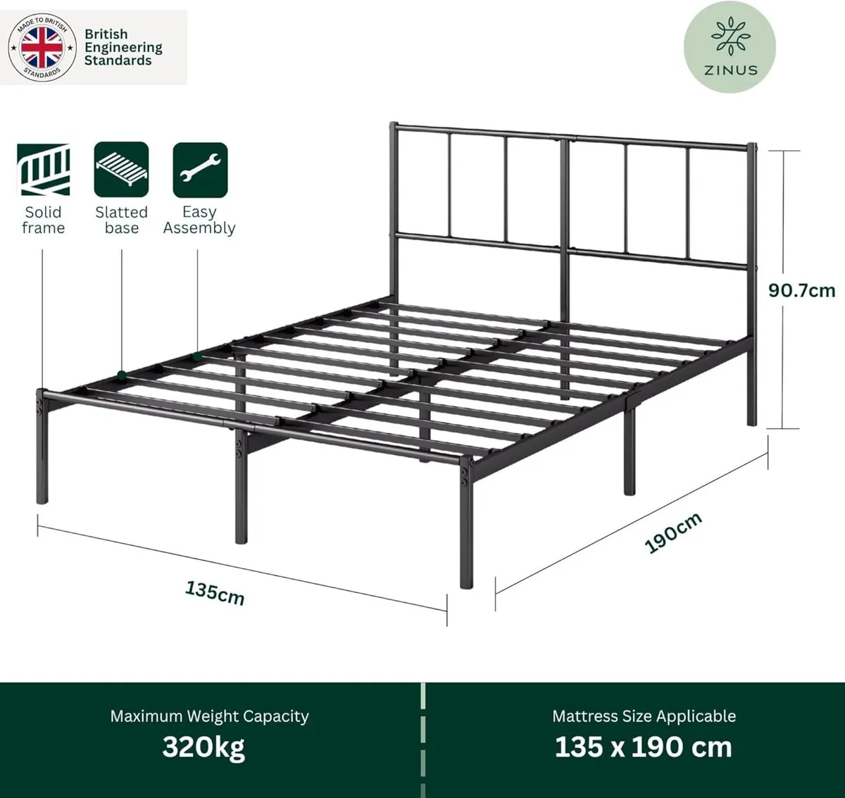 Justin Double Bed Frame with Headboard - 4ft6 - Image 2