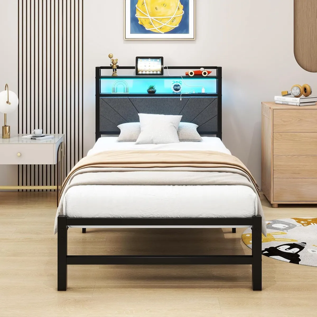 3ft Single Size Bed Frame with LED Lights Storage - Image 1
