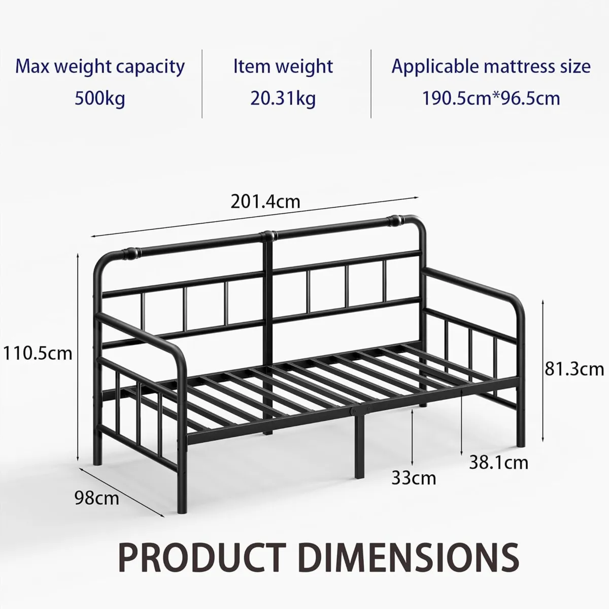 Metal Day Bed Frame with Headboard - Single - Image 2
