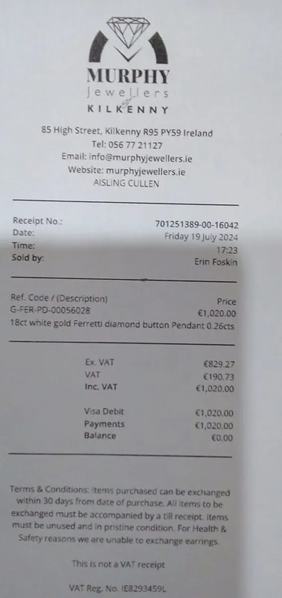 18 Carat White Gold Diamond Necklace. Never worn. Bought in Murphy Jewellers Kilkenny. - Image 3