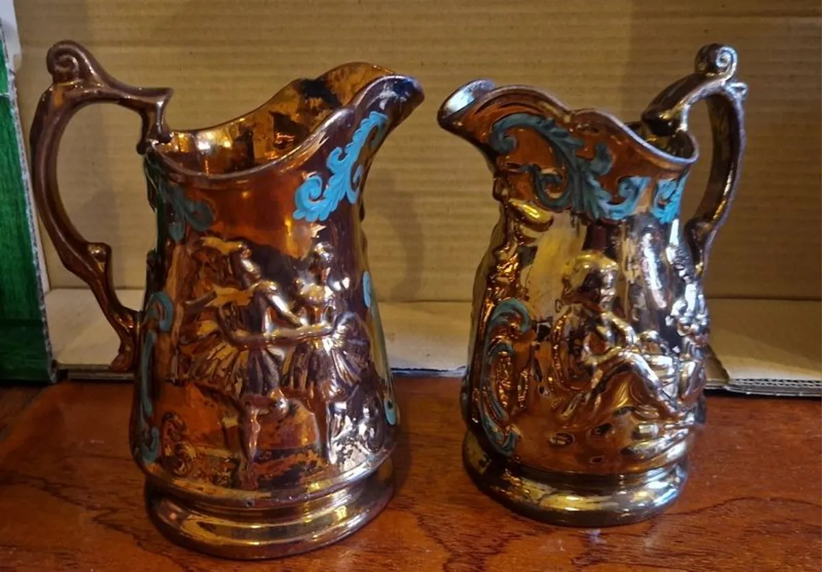 Pair of Genuine Antique Staffordshire Copper Lustre Jugs (c.1850) - Image 1